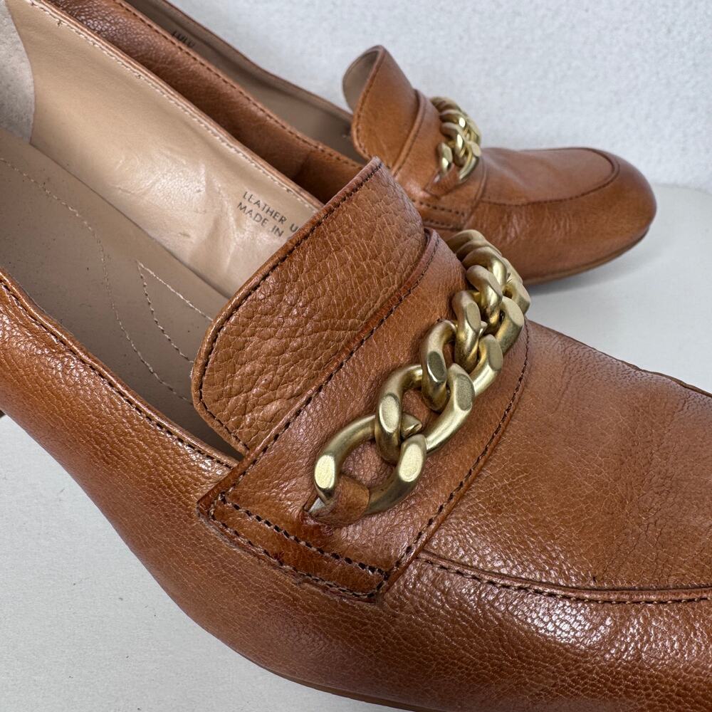 Tahari Brown Leather Chain Loafer Block Heel Pumps Womens Size 8.5 Cognac - Picture 10 of 16